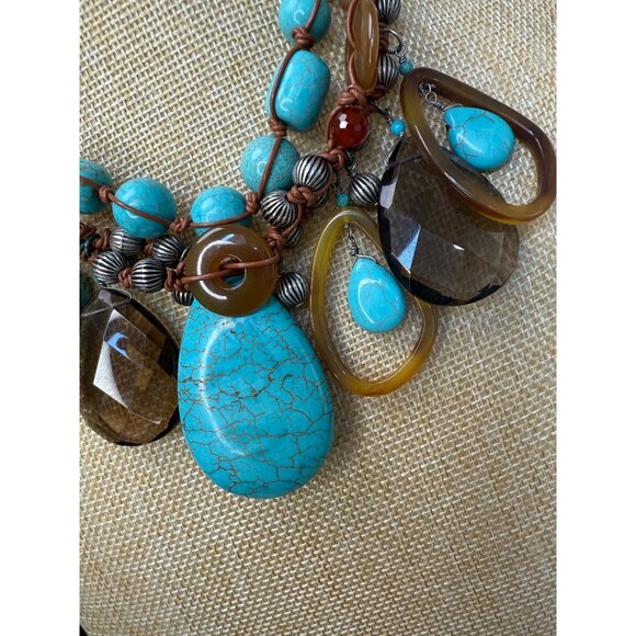 Chunky Multistrand Turquoise & Brown Statement Necklace W/ Beaded Accents Adjust - Picture 4 of 12